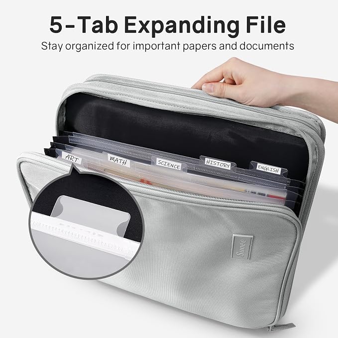 SUNEE Zippered Binder Bag with Handle, 2-Inch 3-Ring O-Ring, 500-Sheet Capacity, Includes Zip Pocket, 5-Tab Expanding File Folder, Multi-Pocket Organizer Binder for Middle School, Light Grey