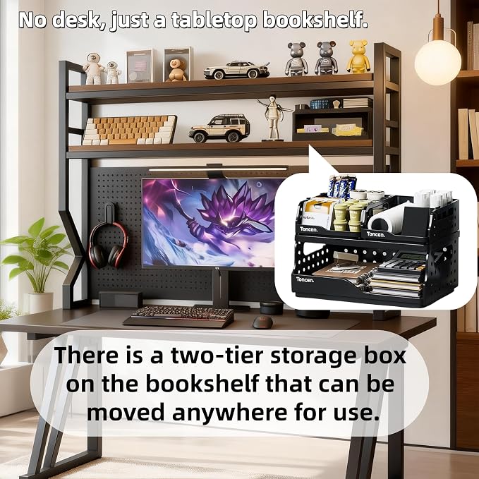 Desktop Hutch Bookshelf,Many Gifts,Metal Desktop Bookcase with pegboard, Desk Shelf Brown, Countertop Storage Organizer Rack for Dorm or Office,Desktop Shelves (Natural+Black, 53.1" Lx9.9 Wx39 H)