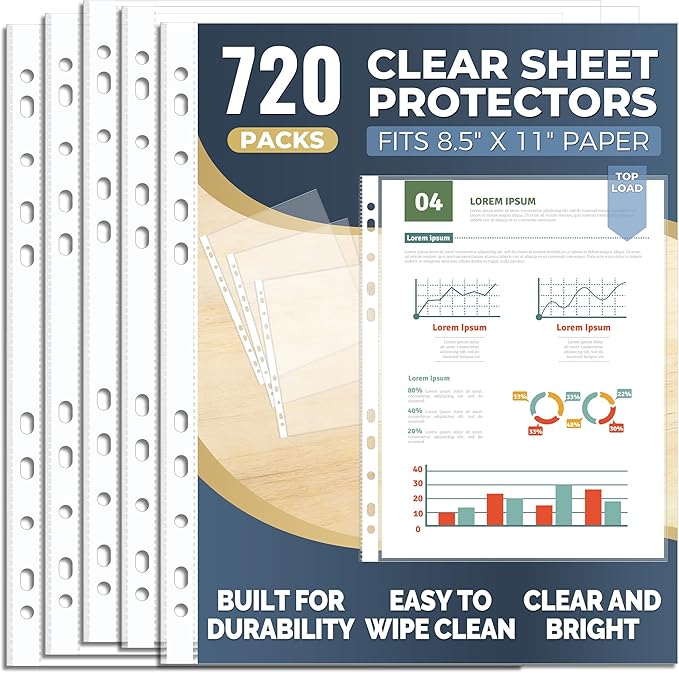 720 Pack Clear Sheet Protectors 8.5 x 11 Inch, Plastic Page Sleeves for 3 Ring Binder, Transparent Letter-Size Document Covers, Top Loading, for Paper Documents, Home, School and Office Use