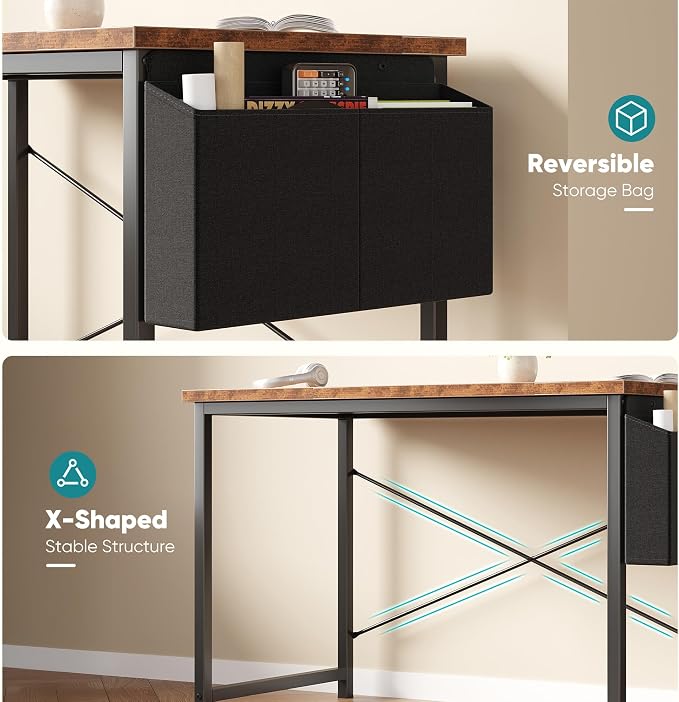 OLIXIS Computer Desk, 44 Inch Gaming Desks for Home Office Small Spaces | Writing Study Craft Work Table, Computer Workstation for Bedroom with Storage Bag, Rustic Brown