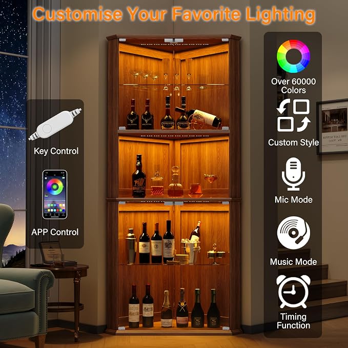 kepptory 72" Corner Curio Cabinet with RGB LED Lights, 6-Tier Glass Display Cabinet with Adjustable Shelves, Lighted Corner Showcase for Collectibles, China, Glassware, Living Room Home Bar