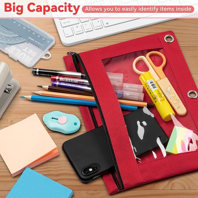 Pencil Pouch for 3 Ring Binder, Bulk 24 Pack 3-Holes Zipper Pencil Pouches in Assorted Colors, Sturdy and Durable Cloth Pencil Holder with Clear Window for Office School College Supplies