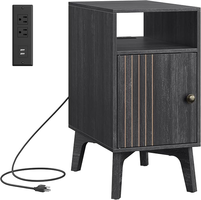 VASAGLE End Table with Charging Station, Narrow Side Table, Nightstand | Tapered Legs, Curved Transitions, for Small Spaces, Living Room, Bedroom, Charcoal Gray, MAEZO Collection ULET329B101S