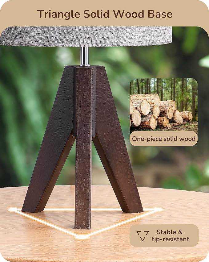 EDISHINE Boho Small Table Lamp, Wood Lamp, Grey Linen Lampshade,14.2 Inch | Walnut Color Tripod Bedside Lamp, Farmhouse Nightstand Lamp for Nursery, Bedroom, Office, Kid Room, Living Room, E26 Socket