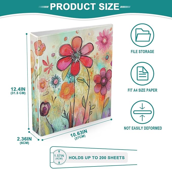 Flowers Round Ring Binders 1.5 Inch Cute 3 Ring Clipboard Binder for Office School Work Supplies File Folder Document 200 Sheet Capacity Easy Open