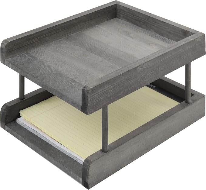 MyGift 2-Tier Rustic Gray Wood Paper File Organizer in and Out Tray/Office Desktop Document Holder Rack
