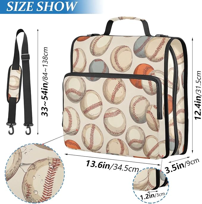 Fisyme Vintage Baseball Sport Zipper Binder 3 Ring with Zipper and Shoulder Strap Large Capacity Multi-Pocket Binder Organizer