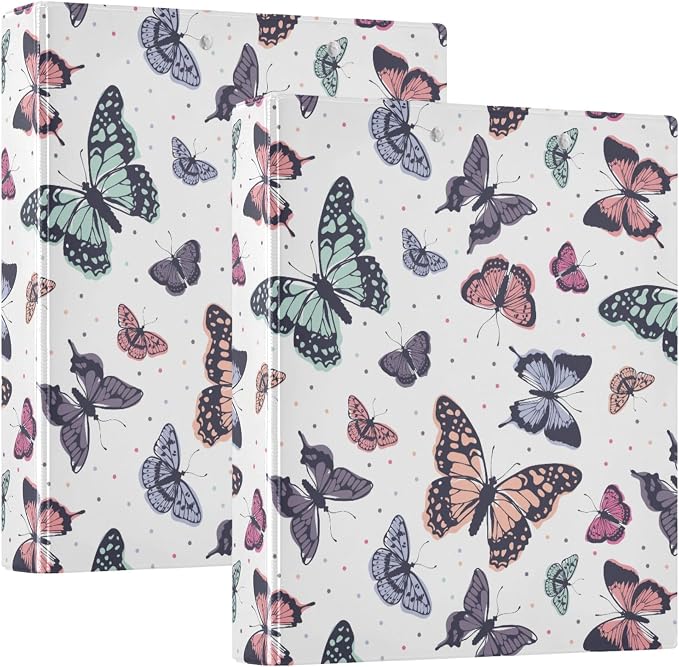 Butterfly Pastel Color Round Ring Binders 1.5 Inch Flora Insect Biology Natural 3 Ring Clipboard Binder for Office School Work Supplies File Folder 200 Sheet Capacity 2 Pieces