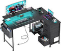 VERMESS 47" Reversible L Shaped Gaming Computer Desk, Corner Desk with Power Outlets & Monitor Stand, Writing Study Table with 4 Storage Drawers, Desk with LED Lights, Black