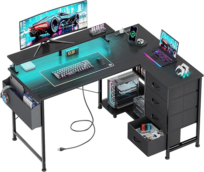 VERMESS 47" Reversible L Shaped Gaming Computer Desk, Corner Desk with Power Outlets & Monitor Stand, Writing Study Table with 4 Storage Drawers, Desk with LED Lights, Black