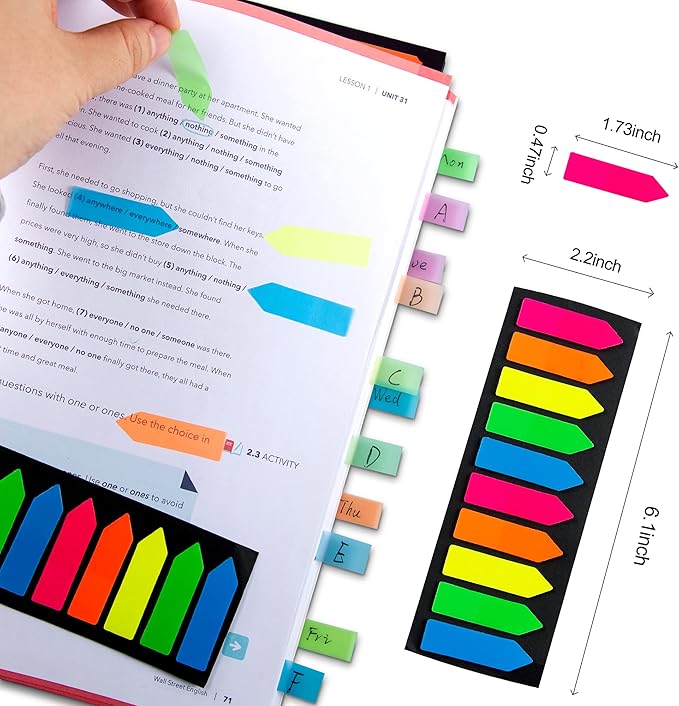 Golcellia Fluorescent Translucent Sticky Note Flags, 1200 Pcs Total, Pack of 10 Color Tabs, Arrow Index Tabs, Page Flag Markers