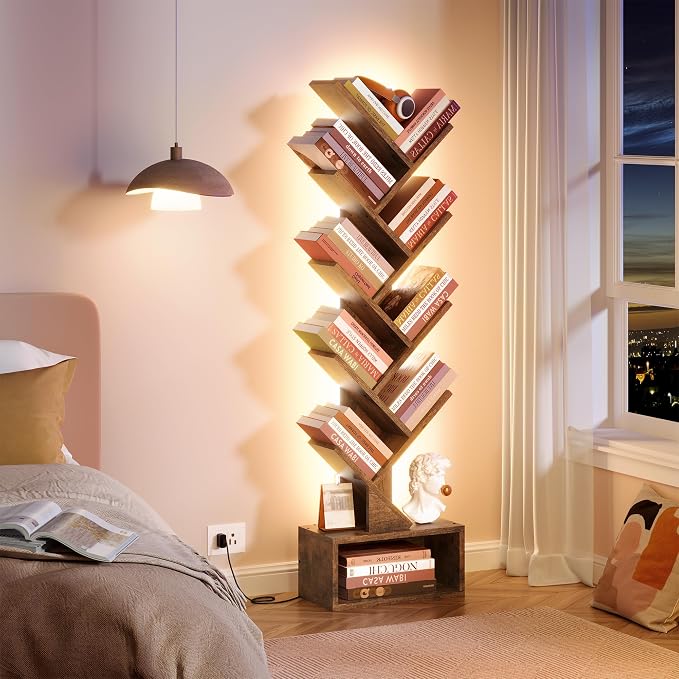 Hoctieon 9 Tier Tree Bookshelf, Tall Bookcase, Freestanding Book Shelf with LED Lights, Display Floor Standing Storage Shelf, Book Organizer Shelves for Home Office, Living Room, Rustic Brown