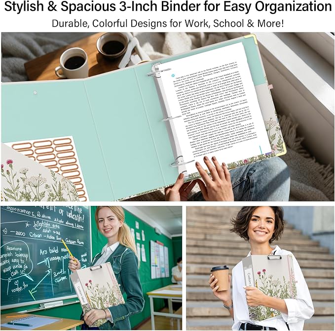3 Ring Binder 3 Inch, Cute Round Ring Binder with 6 Tab Dividers & Label Stickers, Low Profile Clipboard with Storage, Fashion Binder for School Office Supplies (Garden Flowers)