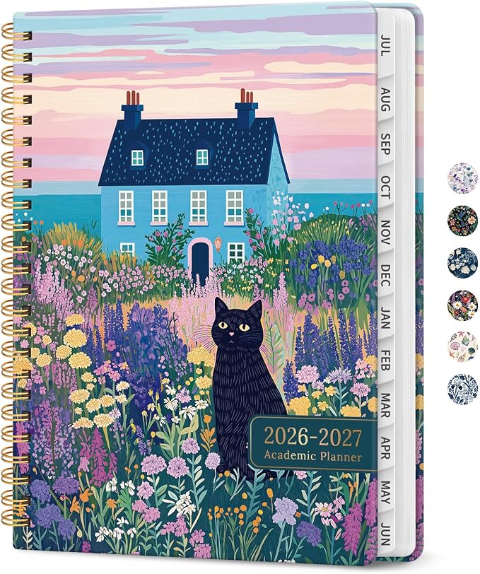 Taja Planner 2026-2027, Jul 2026-Jun 2027 Monthly & Weekly Calendar Planner | 6.3" x 8.5", Hardcover Academic Calendar, Teacher Student Agenda Book with Tabs, School Office Supplies, Lavender Whiskers