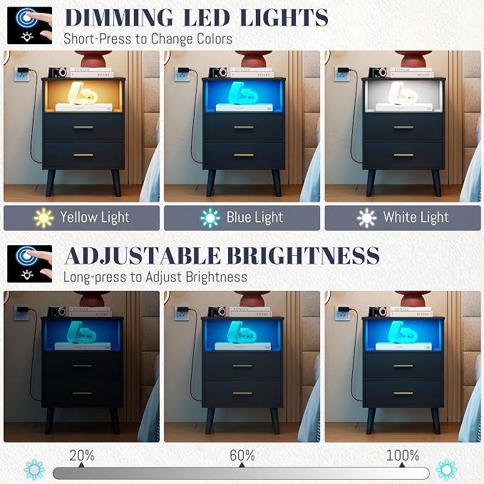 Black Bedroom Nightstand with Charging Station and LED Lights, Modern Bedside Table with Hidded Drawer, Smart Night Stand with Open Storage Shelf, USB Port, Metal Legs