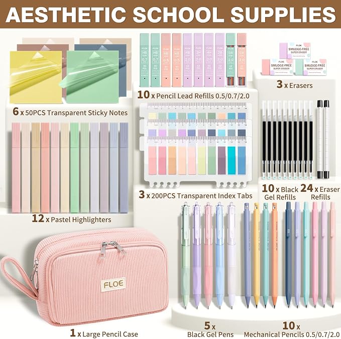 62PCS Aesthetic School Supplies Cute Back to School Supplies Stationary Set | College Preppy Essentials Kit with Large Pencil Pouch Case, Pastel Highlighters Gel Pens Mechanical Pencils for Student Girls