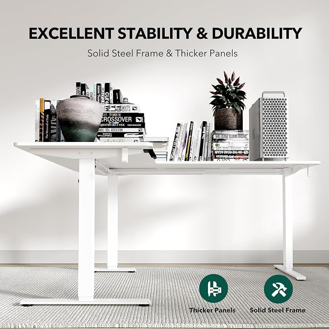 Cubiker L Shaped Standing Desk - 63 x 55 Inch Electric Adjustable Height Corner Standing Desk, Ergonomic Sit Stand Up Table with 3 Memory Buttons, Splice Board for Home Office, White
