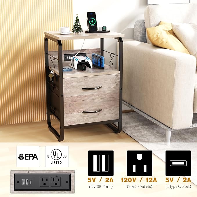 runjuly Small End Table with Charging Station and Hooks, Greige | 2 Fabric Drawers Storage, Type C & USB Ports & Power Outlets, Farmhouse Style, Metal Nightstand for Living Room / Bedroom