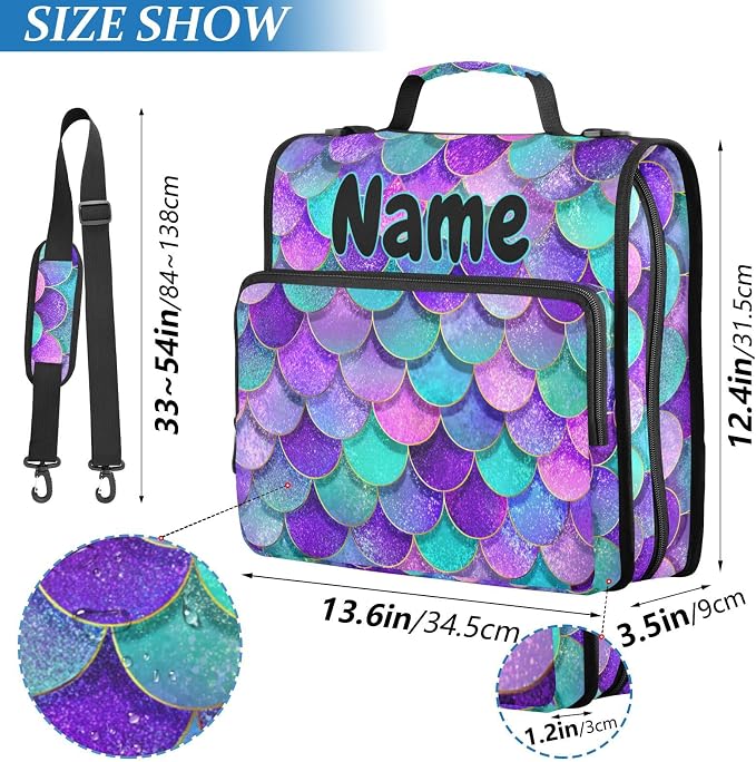 Custom Pink Blue Purple Mermaid Scales 3 Ring Binder Bag 1.5 inch Personalized Name Binder Organizer 500 Sheet Documents Storage for School Office