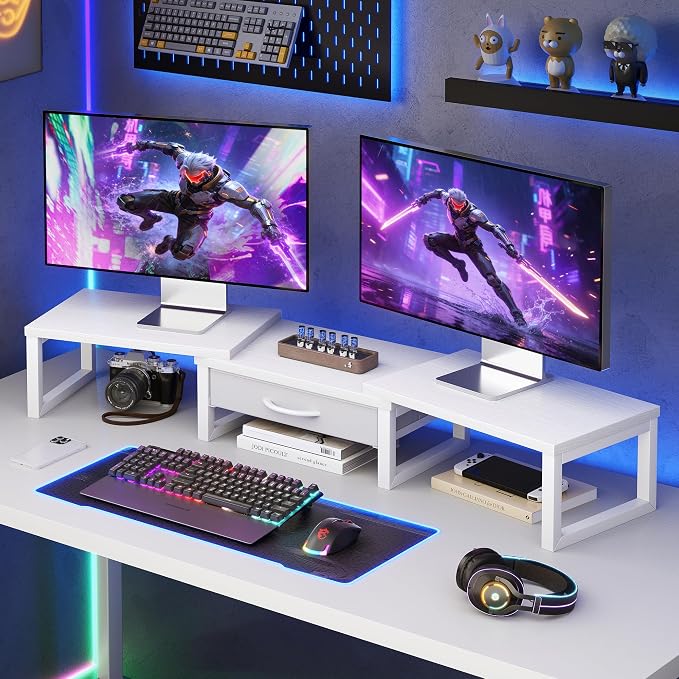 Dual Monitor Stand Riser, Desk Organizers and Accessories with Drawer, Computer Monitor Stands for Desk, Adjustable Desktop Shelf for PC Laptop Printer TV, White