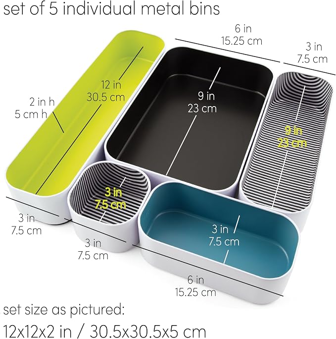 Three by Three Seattle Metal Drawer Organizer Tray Set, 5-Pc, 2" (Assorted) | Deep 2" food-safe metal bins; soft non-scratch base; perfect for kitchen utensils, tools & bulkier drawer items