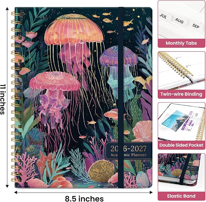 Taja Planner 2026-2027, Jul 2026-Jun 2027 Monthly & Weekly Calendar Planner | 8.5" x 11", Hardcover Academic Calendar, Teacher Student Agenda Book with Tabs, School Office Supplies, Jellyfish