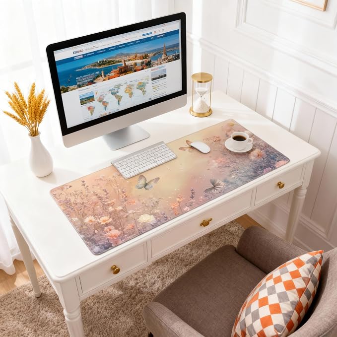 Cute Floral Aesthetic Wildflower Gaming Mouse Pad, Pink Macaron Desk Mat with Anti-Slip Base & Stitched Edges,35.4" x 15.7" in Desk Accessories for Women, Home Office Decor & Artistic Gift