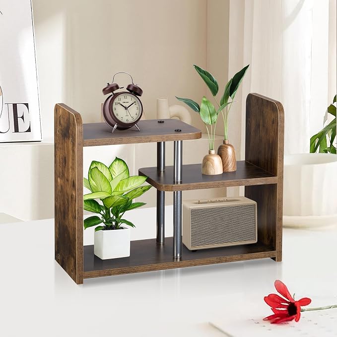 Desktop Organizer,Office Storage Rack,Wood Small Bookshelf,Brown | Display Shelf,Office Shelf,Desk Organizer Small Tabletop Hutch for Office,Dorm,Living Room,Counter Top