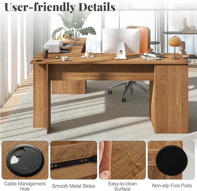 Giantex 66" L-Shaped Desk with Storage Drawers & Charging Station, Spacious Corner Computer Desk with Keyboard Tray, Adjustable Shelf, Cabinet, Huge Workspace Home Office Study Writing Desk (Natural)