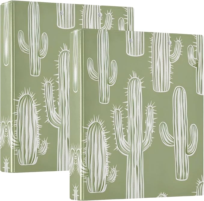 Cactus Pattern 3-Ring Binder 1.5 Inch 2 Pack Round Ring Binder Holds 200 Sheets with 3 Inside Pockets for Office Home Organization