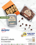 Avery Kraft Brown Round Labels with Sure Feed Technology, 2.5" Diameter, Print to the Edge, Laser/Inkjet Printable Labels, 5 Packs of 22808, 1,125 Total