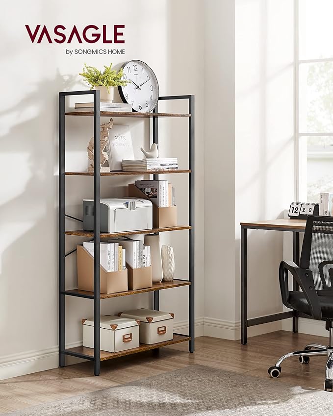 VASAGLE 5-Tier Bookshelf, Bookcase with Steel Frame, Book Shelf for Living Room, Home Office, Study, 11.8 x 26 x 60.2 Inches, Industrial Style, Rustic Brown and Ink Black ULLS061B01