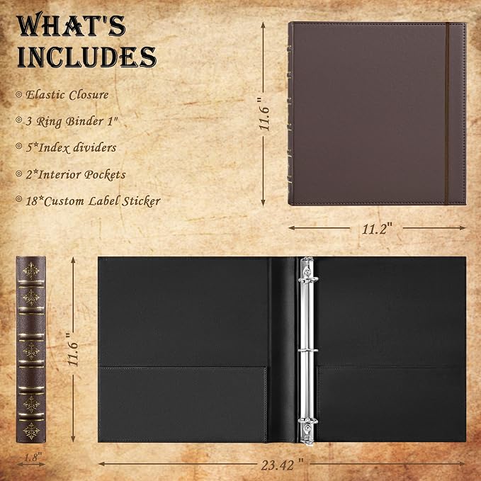 Ospelelf Vintage 3 Ring Binder 1 Inch, Leather Hardback D Ring Binder with Pockets and 5 Tab Dividers, Book Style Document Organizer Fits Letter Size for Home and Office Brown
