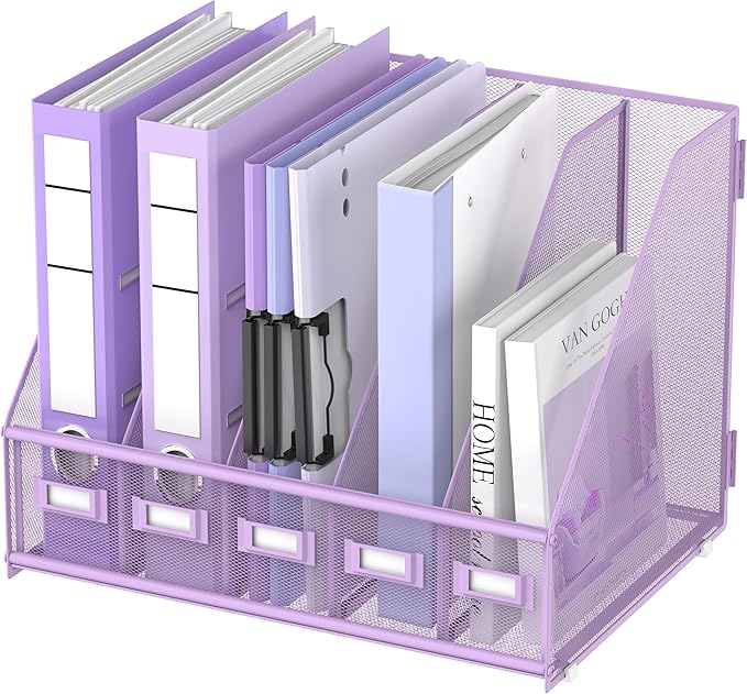 DALTACK 5-Slot Magazine File Holder, Metal Binder Holder, Purple | Iron Mesh Construction, Labeled Sections for Easy Sorting, Anti-Slip Feet, Binder and Folder Storage for Office, Classroom