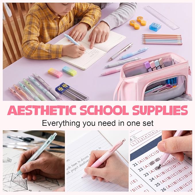 Eersida 47 Pcs Aesthetic School Supplies with Cute Pen Case, Mechanical Pencils 0.5mm, 0.7mm, 0.9mm & 2.0mm with Leads and Eraser Refills, Wood Pencils #2, for Writing, Drawing & Drafting (Pink)
