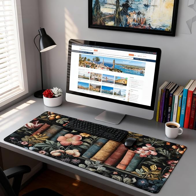 Dark Academia Desk Mat, Floral & Book Pattern XXL Mouse Pad with Anti-Slip Base & Stitched Edges, Large Desk Pad for Computer Keyboard, Office & Home Decor for Women