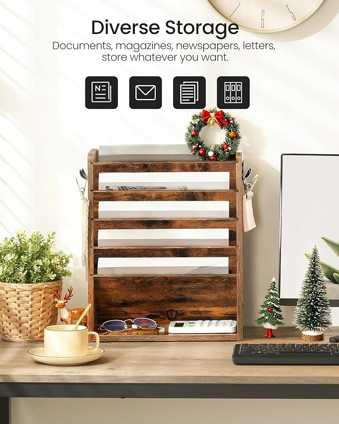 Wall File Organizer, 6-Tier Vertical Mount Hanging Holder with 2 Side Hooks, Vintage Wooden Magazine Storage Crate with Bottom Flat Tray, Desk Organizer, for Office, Home, Rustic Brown MWJ01FG