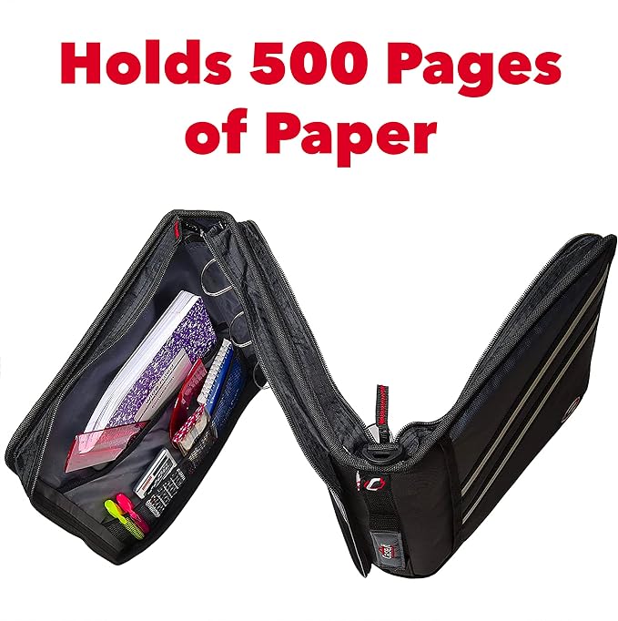 Case-it Zipper Binder | Dual 1.5" D-Rings | 500-Sheet | Z-176 Jet Black | Z Shape, Two Binders in One, Double-Sided, Multiple Pockets, Shoulder Strap, School & Office