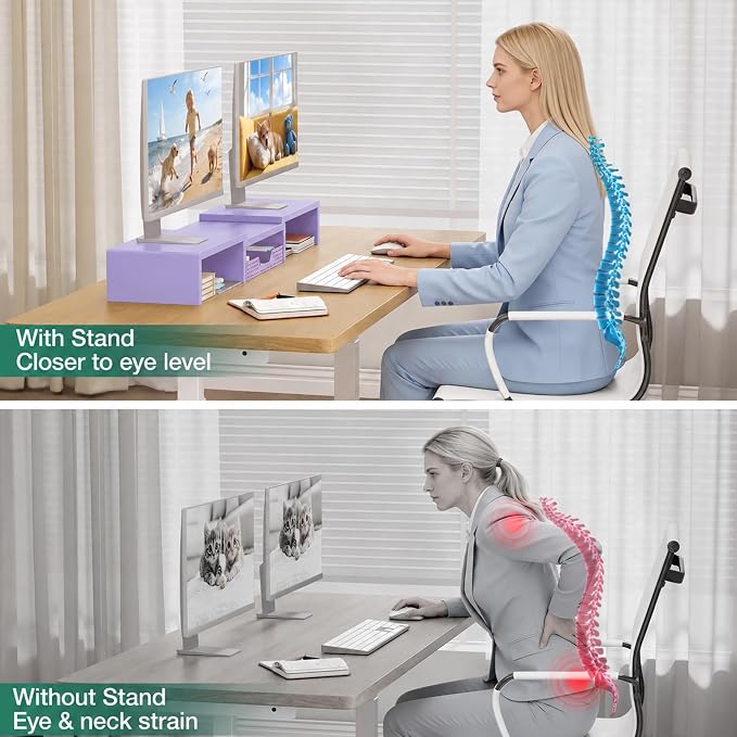 Dual Computer Monitor Stand Riser, Desk Organizer with Drawer, Office Desk Accessories & Workspace Organizers for Home Office Supplies, Purple
