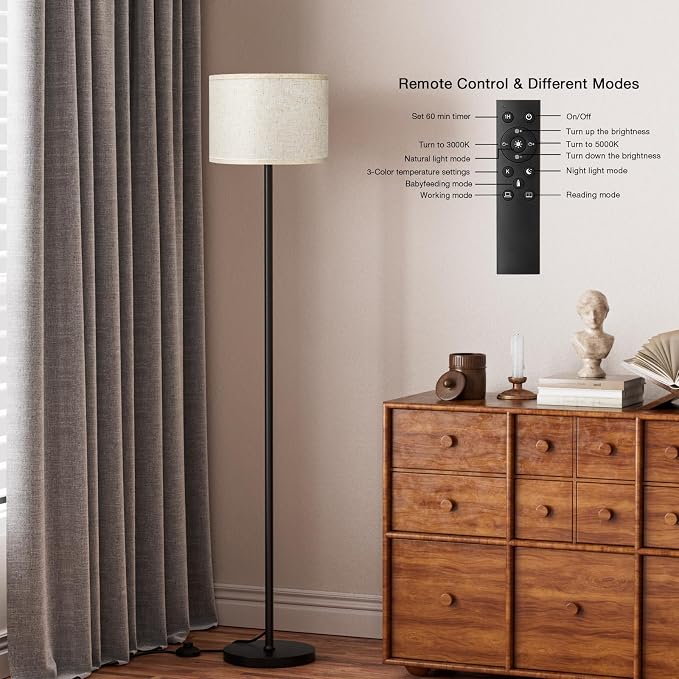 60'' Modern Floor Lamp with Remote, Tall Lamps for Living Room, Bedroom, Office, Dining Room, Beige Shade with Black Pole(Included Bulb)