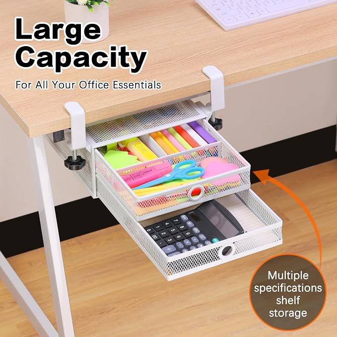 ROSYLINE Under Desk & Desktop Drawer Organizer, 2-Tier Big Capacity | Steel Construction, Clip-On No Drill Installation, Fits A4 Paper, for Office & Household Supplies