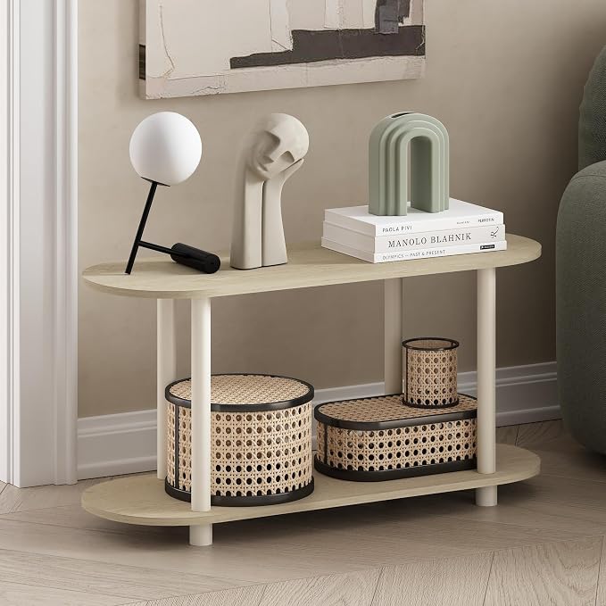 Furinno Turn-N-Tube No Tools Modern Oval Side Table, Bauhaus Oak/Beige | Rounded Edges, Wide Book Shelf, Open Frame Storage Shelves, for Organization, Living Room, Home Office,