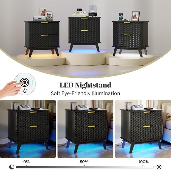 Smart Nightstand with Charging Station and LED Lights | 23.62" Wide Night Stand with 2 Drawers, Motion Sensor Motion-Activated Underlight, Honeycomb Bedside Table for Bedroom, Black