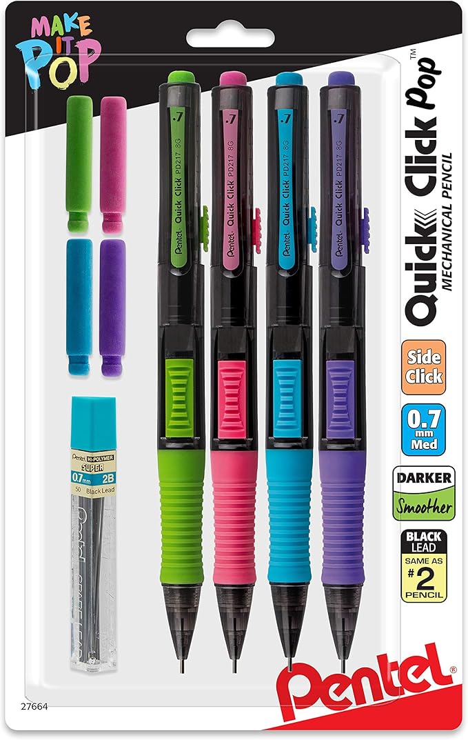 Pentel Quick Click Pop Mechanical Pencil, (0.7mm), Medium, 2 Eraser Refills, Pack of 4 (PD217ALEBP4)