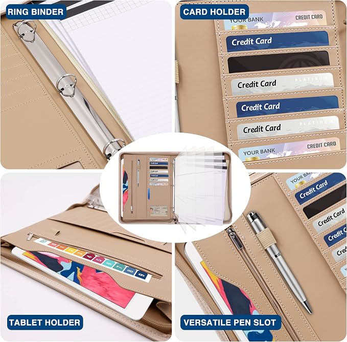 3-Ring Padfolio Portfolio Binder Organizer,PU Leather Folder Binder Business Planner Notebook Zippered Portfolio for Women/Men with Document Sleeve,Letter/A4 Size Clipboard