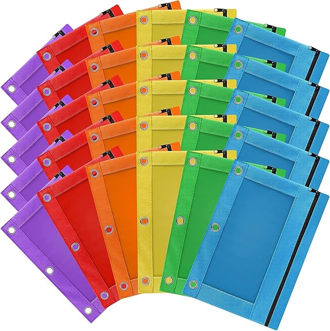 Pencil Pouch for 3 Ring Binder, 30 Pack Bulk Pencil Bags with Zipper, 6 Colored Pencil Case for Classroom School Office Supplies, Large Sturdy and Durable Cloth Pencil Pocket for 3 Holder Binder