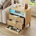 20“ W Fluted LED Nightstand with Charging Station, RFID Lock, Wood | Bedside Table with Hidden Drawer, 2 Drawers, Open Cubby, Motion Sensor, USB and Type-C Ports, Night Stand for Bedroom