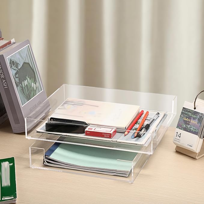 BTSKY 2 Pack Multipurpose A4 File Tray Clear Acrylic Desk Tray Organizer Elegant Letter Size Desk Documents Trays Magazine Files Storage Basket Organizer Bin for Office Cosmetics Bathroom