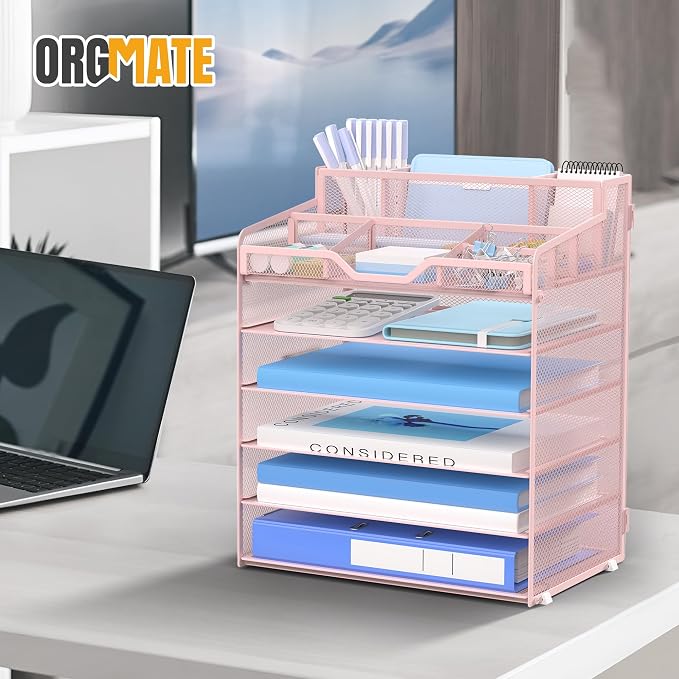 6 Tier Mesh Paper Desk Organizer with Pen Holders, Pink | Features 3 pen holders, and 5 adjustable compartments for office school home desk storage