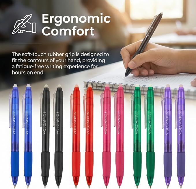Volcanics Erasable Gel Pens, 36 Pack, 6 Colors, 0.7mm Fine Point